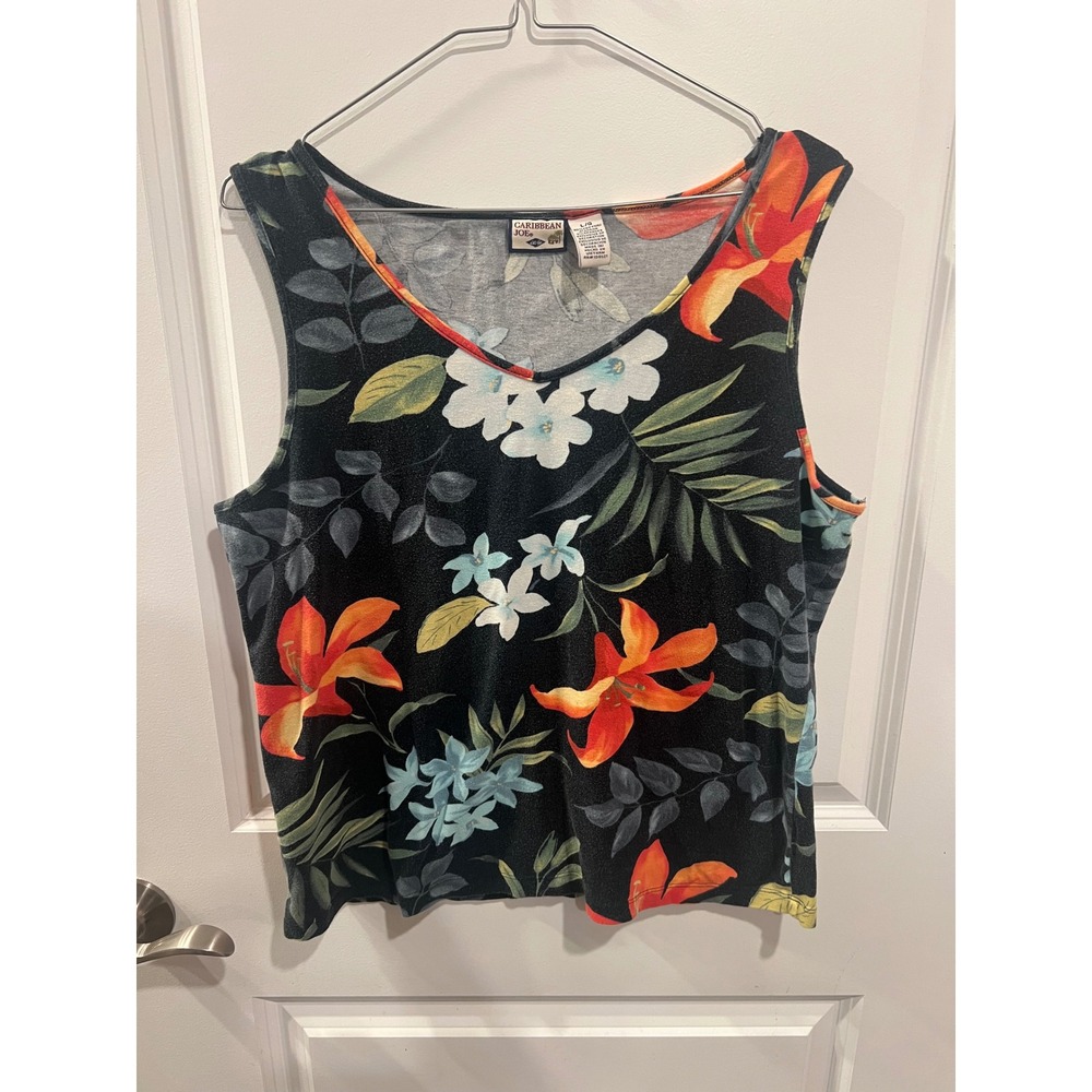 Caribbean Joe Womens Tank Top Tropical Floral Black Large